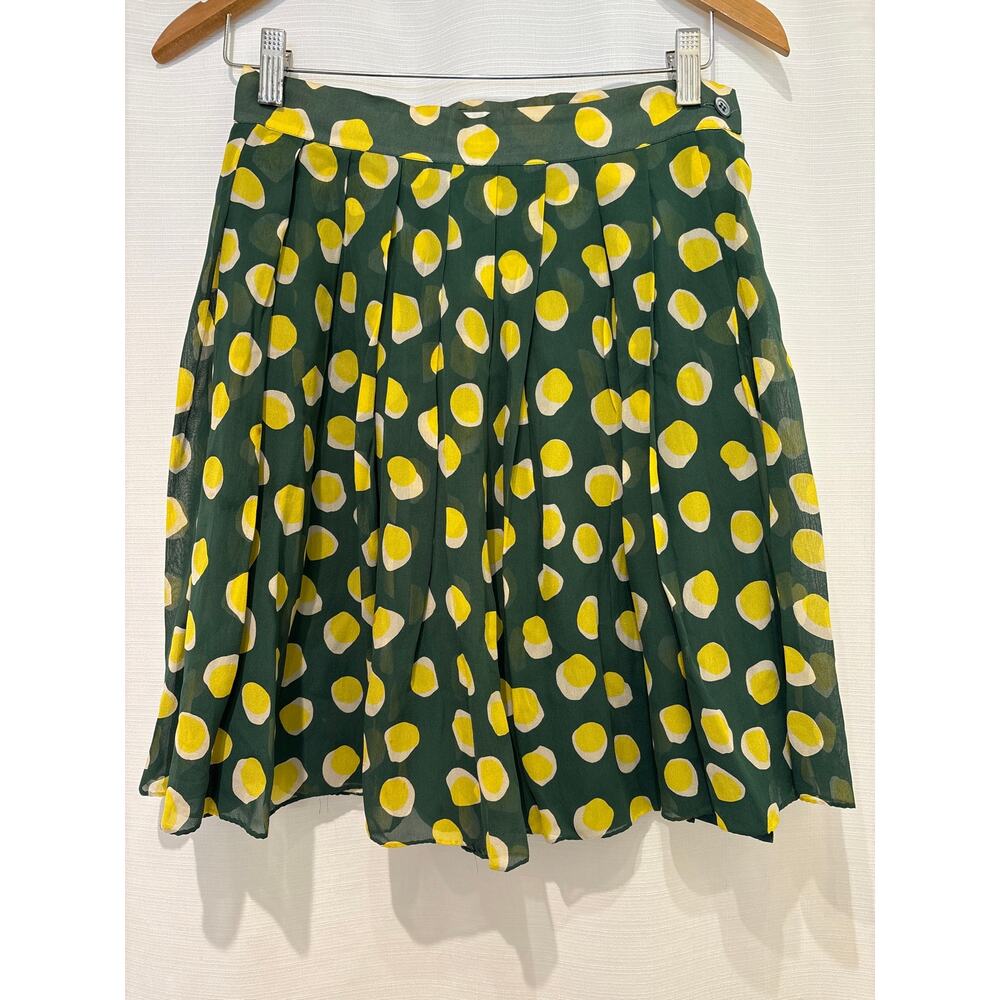 MAX MARA VTG Y2K Silk Chiffon Pleated Green Lemon Yellow Dot Print Skirt US Sz 8